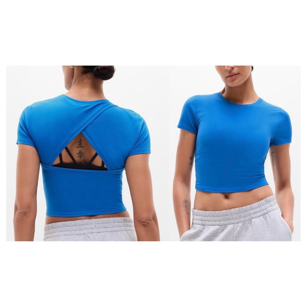 Athleta Transcend Size Large Open Back Tee Breaker Blue Cropped Short Sleeve EUC